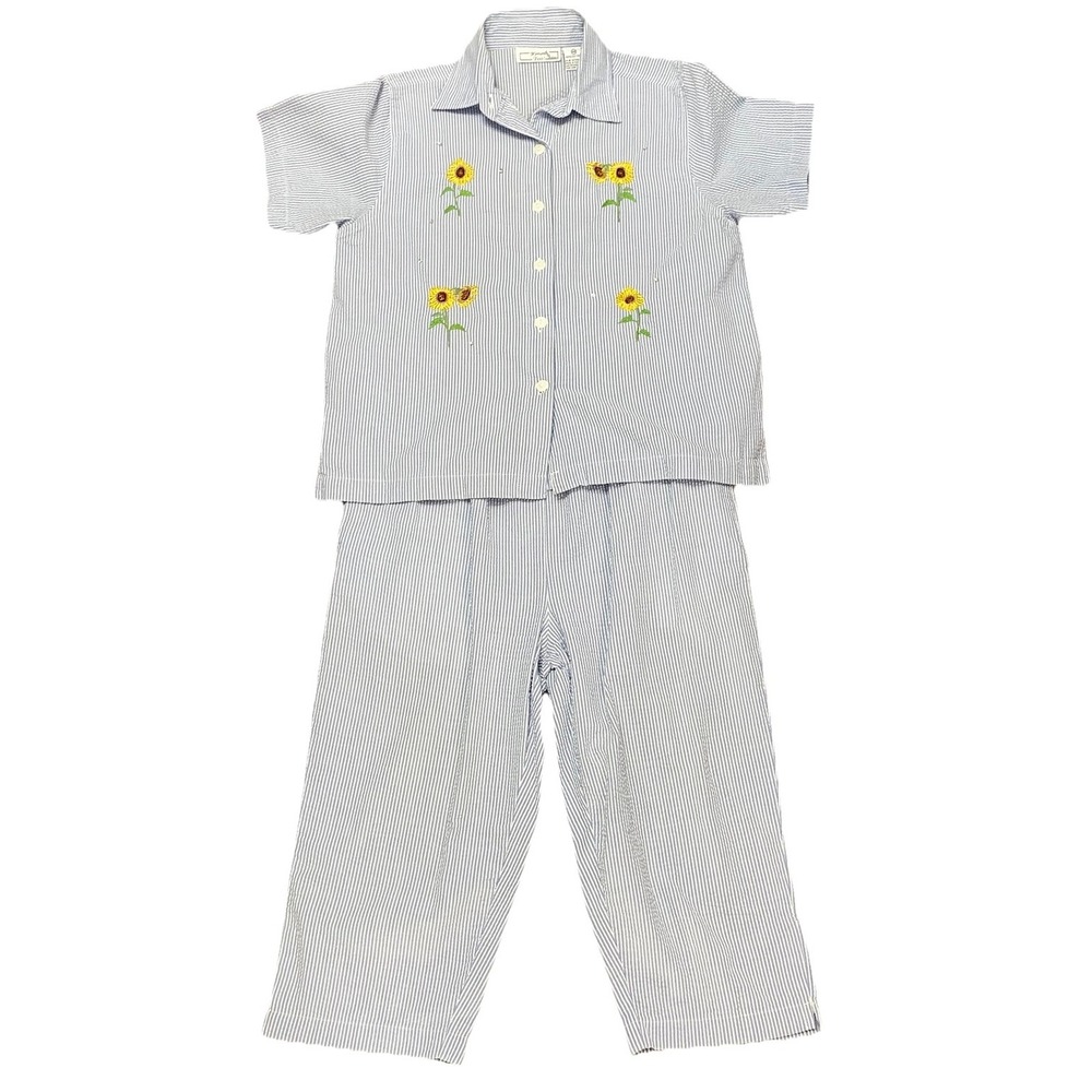 Kenneth Too Women's 2 Piece Petite Stripe&Sunflower Top W/capri Pants PS &PM EUC
